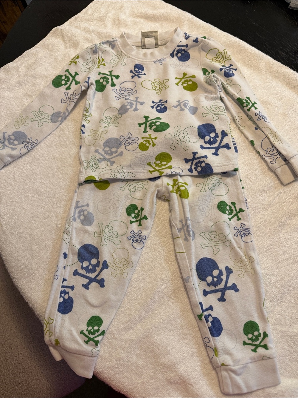 Kids Skull Pajama Set - White with Blue & Green Skulls